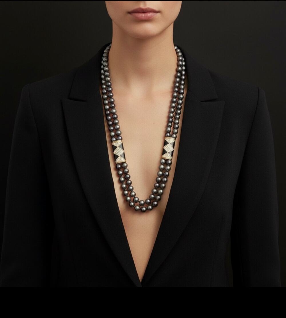 Black Pearl & Rhinestone Double Strand Necklace